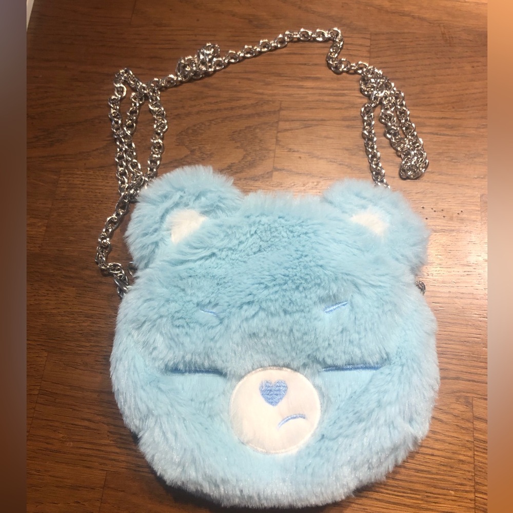 Care Bears Grumpy Bear Loungefly Blue Plush Crossbody Purse w/ Silver Chain